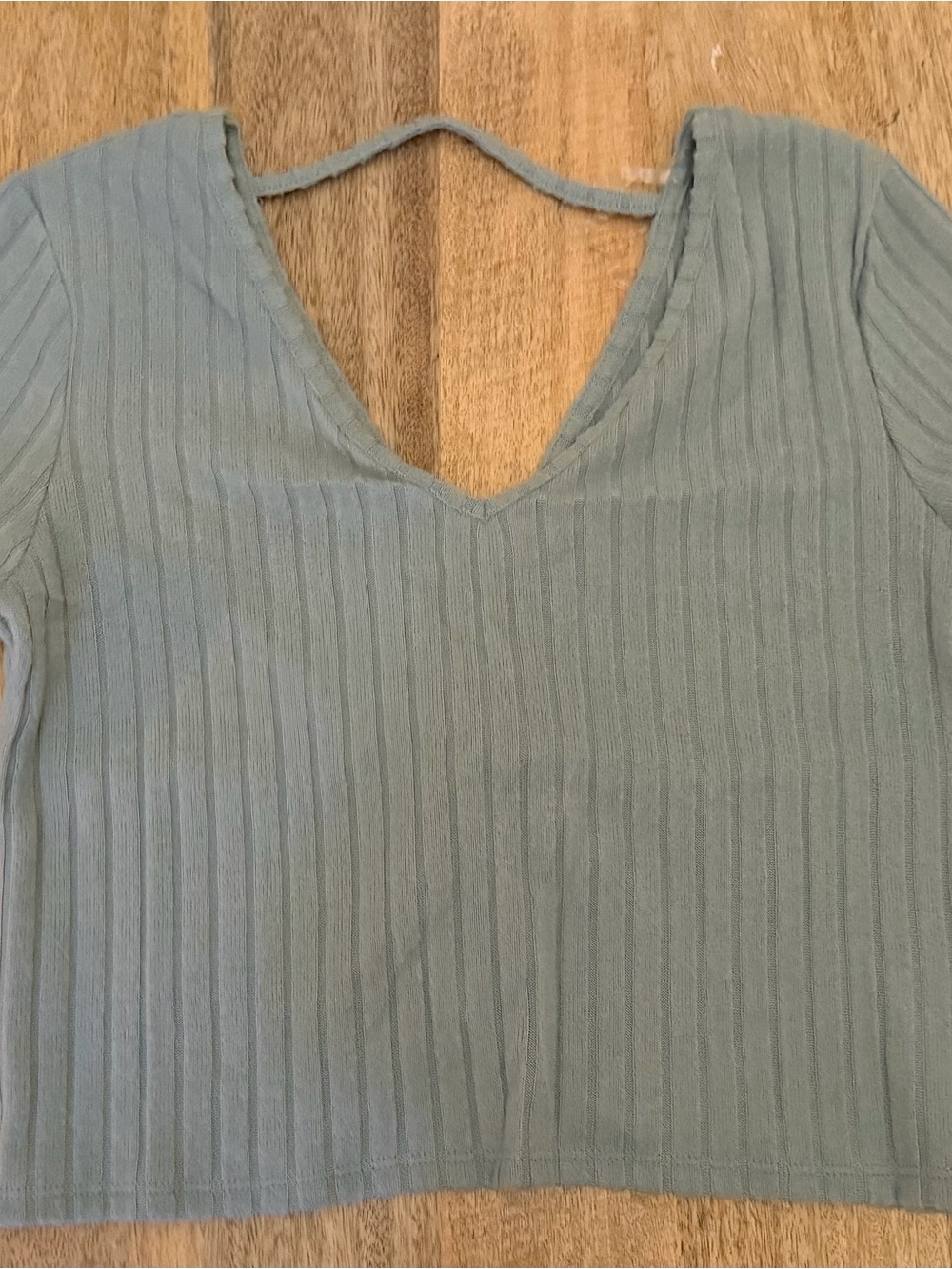 Derek Heart Ribbed V-Neck Top in Sage Green